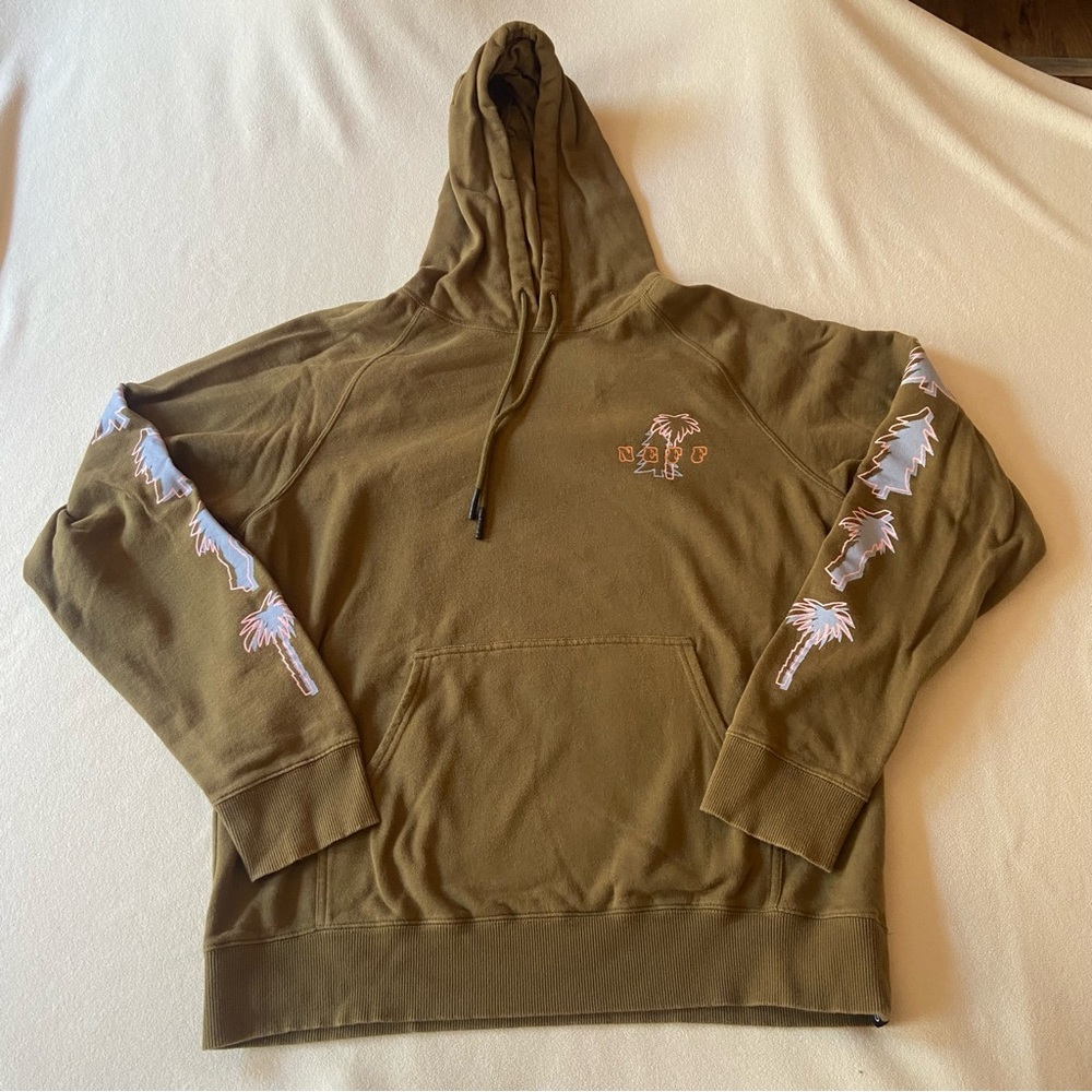 Neff Olive Sweatshirt with Palm Tree Graphic Sleeve Design